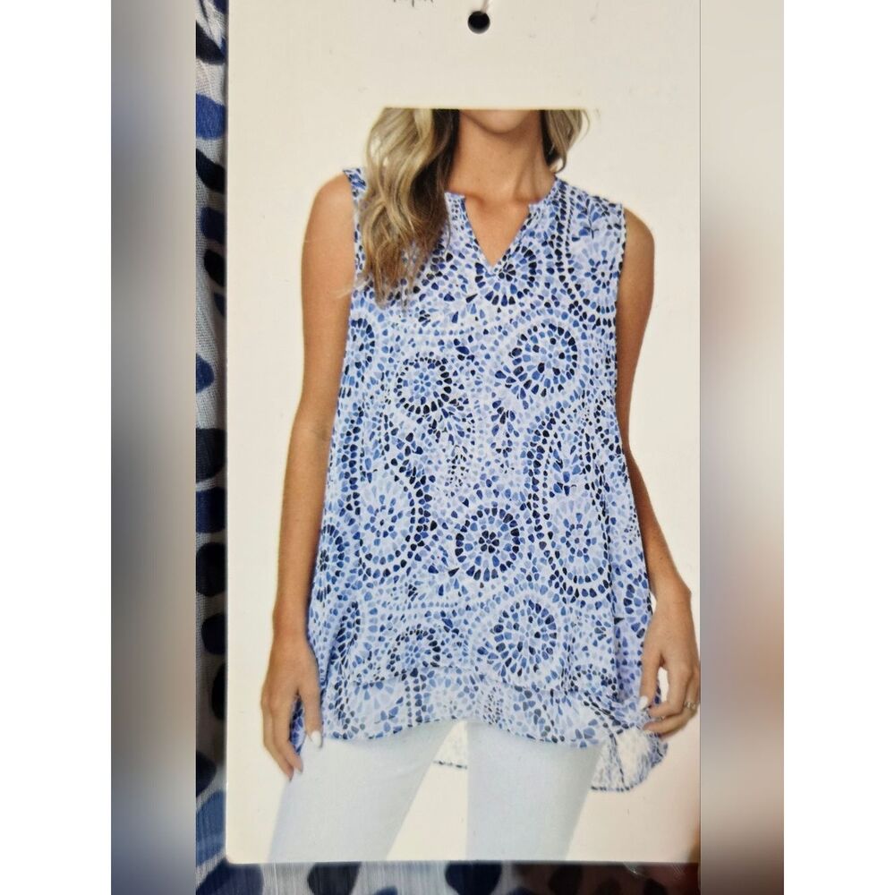 NWT Cristina B M White Blue Mosaic Print Slvlss Women High-low Tunic Summer Top